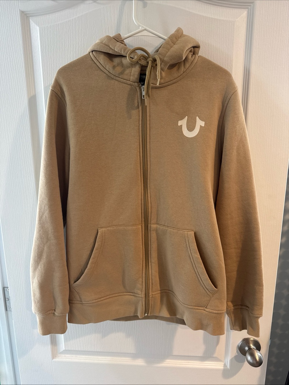 True Religion Beige Graphic Hoodie with White & Navy Logo